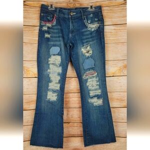American Eagle Hipster Fit  Distressed Patchwork Denim Blue Jeans Size 8
